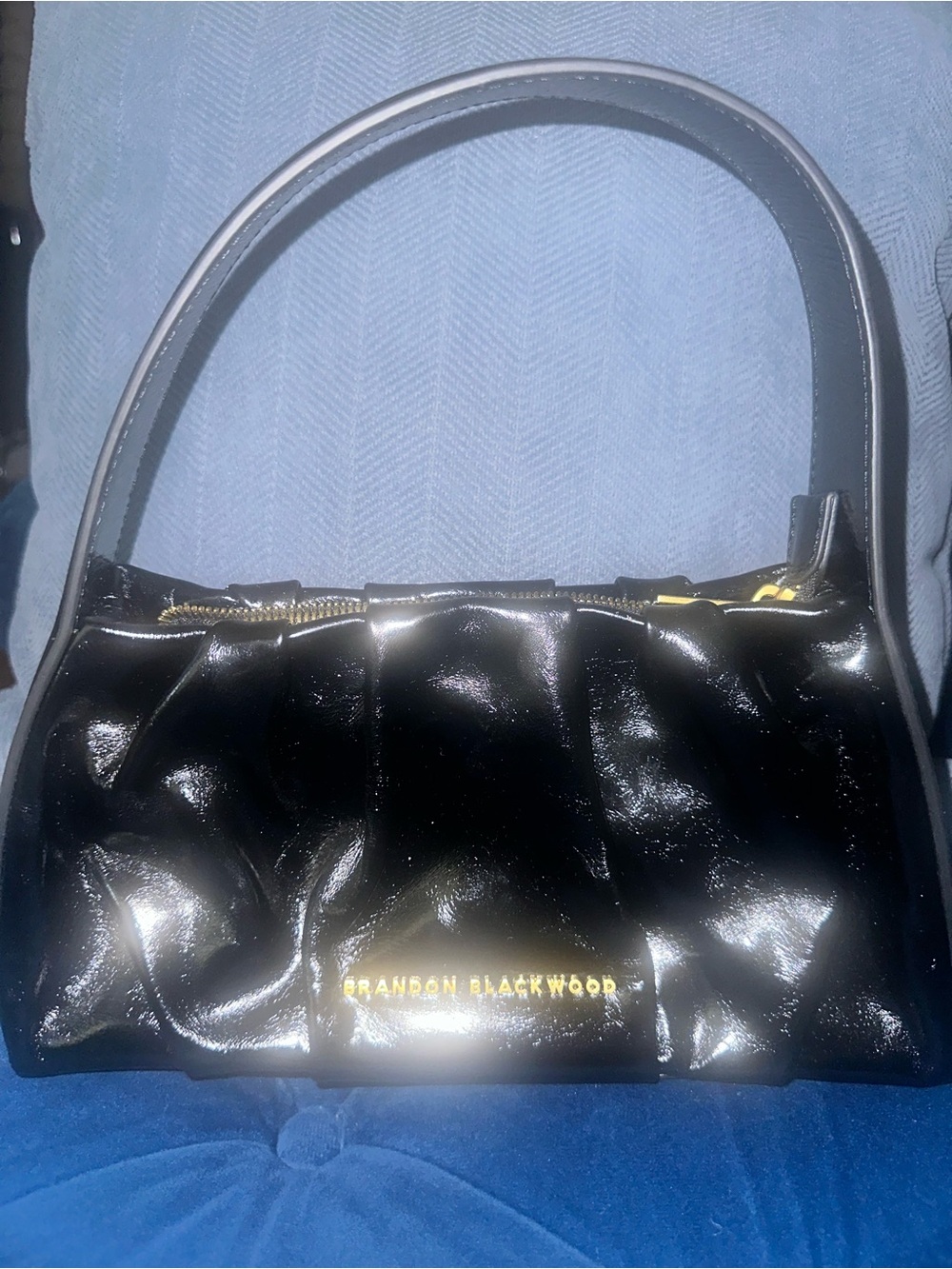 Brandon Blackwood Black Patent Shoulder Bag with Gold Logo